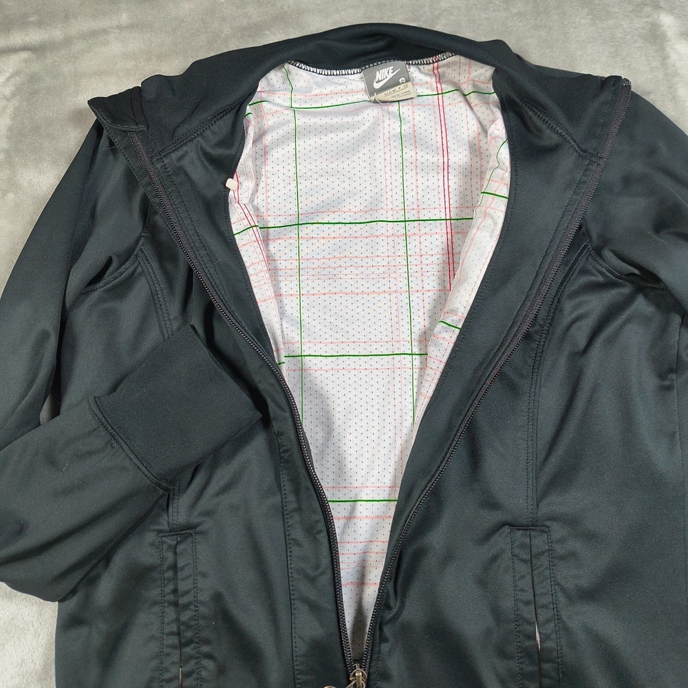 Nike Track Jacket Womens Small Black Plaid Lined Embroidered Full Zip Gym Y2K